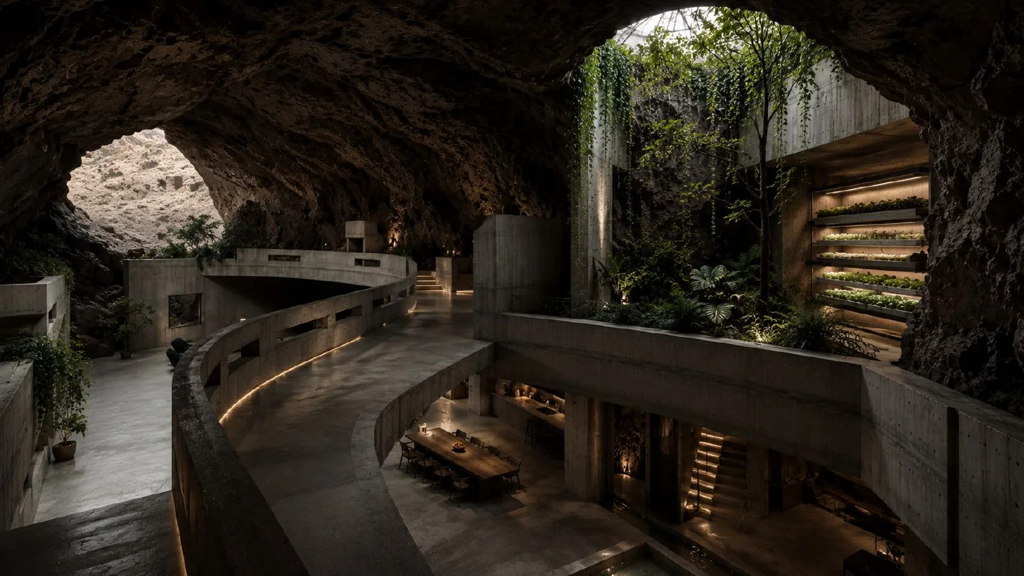 Curved mezzanine opening toward a mountain canyon